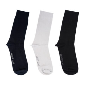 White Leaf Men's Corporate Crew Socks – 3 Pairs, Full-Length Comfort, Free Size – Black Navy, Light Grey