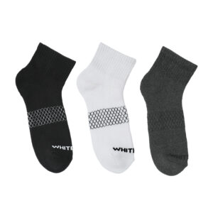 White Leaf Men's Full-Terry Ankle Socks – 3 Pairs, Full Cushioned, Free Size – Black, White, Dark Grey