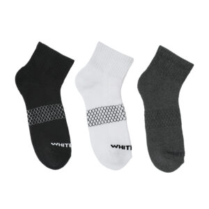 White Leaf Men's Full-Terry Ankle Socks – 3 Pairs, Full Cushioned, Free Size – Black, White, Dark Grey