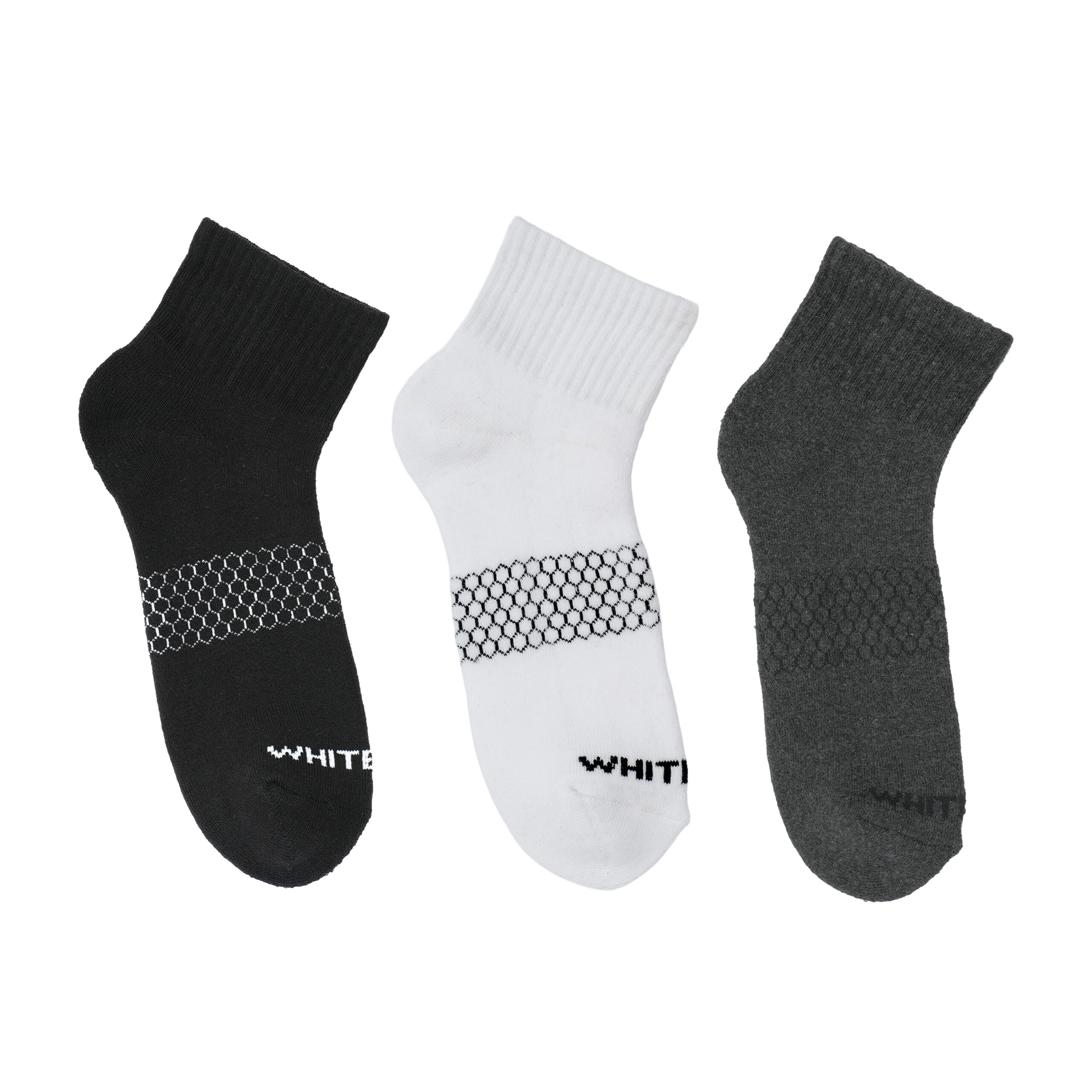White Leaf Men's Full-Terry Ankle Socks – 3 Pairs, Full Cushioned, Free Size – Black, White, Dark Grey